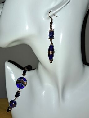 Earring & Bracelet- Blue Tapered Tube Beads with Glitter Swirl & Copper Accents